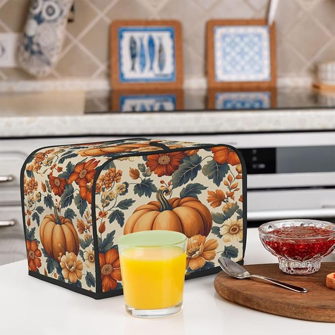 4 Slice Autumn Toaster Cover,Thanksgiving Pumpkin Fall Boho Floral Small Kitchen Appliance Bread Machine Cover with Pockets,Dust & Fingerprint Protection