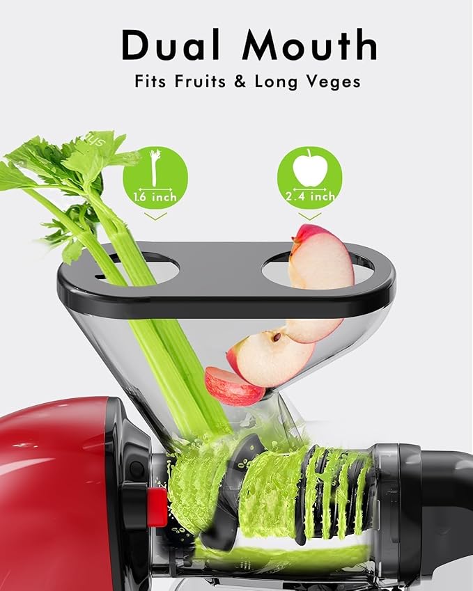 SiFENE Slow Masticating Cold Press Juicer Machines for Fruit & Vegetable, Juice Yield Maker Extractor with Dual Mouth, Quiet Motor & Anti-Clog System, Easy to Clean, BPA Free, Red