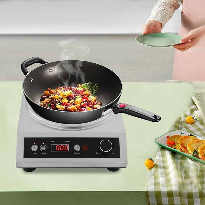 1800W Electric Wok Used For Home And Commercial,Induction Wok With Concave Surface Stainless Steel Strong Power Dual Control Mode 10 Power And Temp 24H Timer Induction Cooktop For Cooking