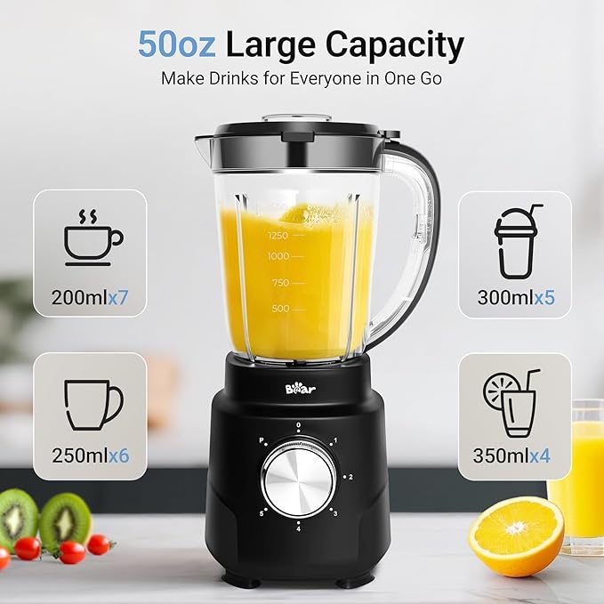 Bear 800W 6-Speed Blender, Smoothie Blender for Kitchen with 50oz(1.5L) BPA-Free Cup/Suction Feet/Feeding Hole/10 blades, Countertop Blender for Smoothies, Crush Ice, Frozen Fruit, Juice and Puree