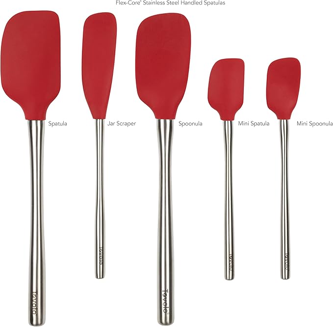Tovolo Stainless Steel Handled Silicone Spatula Set of 5 Cayenne Red, Dishwasher Safe Kitchen Spatula Set for Cooking Baking, Non Toxic BPA Free Silicone Spatula set with Metal Steel Handle