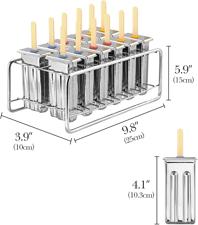 12 Pack Stainless Steel Popsicle Molds, Homemade Ice Lolly Molds with Holder, Reusable Flat Head Fast Freezing Ice Treat Maker with Wooden Sticks and Bags
