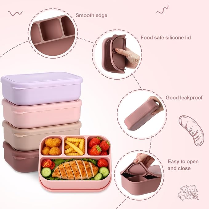 Potchen 4 Pcs Large 7.6x5x2 Inches Silicone Bento Box Reusable Lunch Container Leakproof Snack Meal Boxes for Work Travel Food Storage Microwave Dishwasher Freezer Safe 4 Compartment(Bright Color)