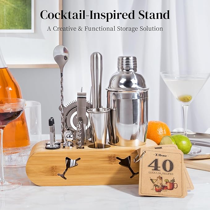 X Home Bartender Kit with Stand, Cocktail Shaker Set for Enthusiasts and Beginners | Includes Martini Shaker, Easy-to-Measure Jigger, Hawthorne Strainer, Mixing Spoon and More, Bartender Kit Gifts
