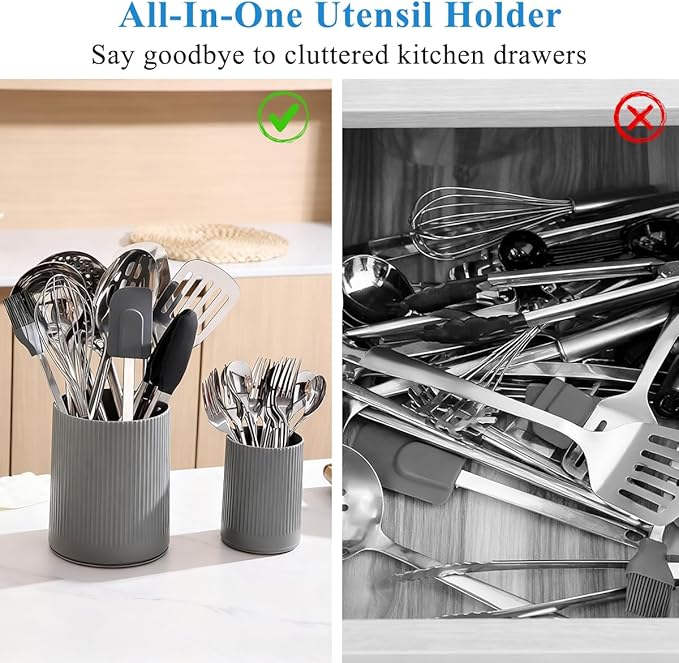 Kyraton Cooking Utensils Holder 2pcs, 360° Rotating Heavy Duty Plastic Kitchen Utensil Holder for Countertop, The Small Utensil Crock for Cutlery Silverware, Tooth Brush, Desk Pencil Pen