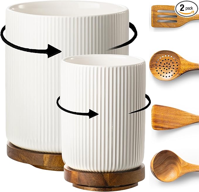 getstar Large Rotating Utensil Holder for Kitchen Counter,7.9"+6" Ceramic Utensils Crocks Set for Countertop Large & Small Utensil Organizer for Spatula Farmhouse Kitchen Decor