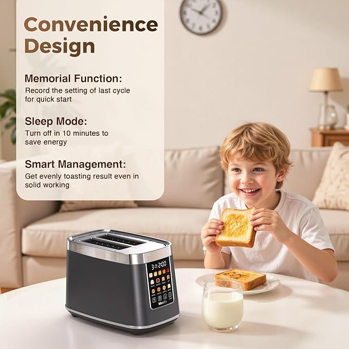 Mecity 2 Slice Toaster with Touch Screen & Auto Lift, Stainless Steel Cool-Touch Toaster with 8 Bread Settings, 5 Shade Levels, 1200W High Power, Keep Warm & Reheat Function, Metallic Grey, 120V