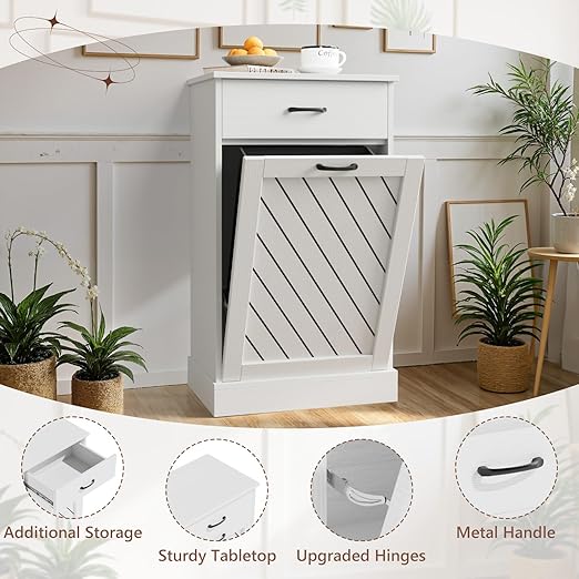 Tilt-Out Trash Can Cabinet, 13 Gallons Hidden Garbage, Hidden Kitchen Trash Cabinet with Storage Drawer, Pet-Proof Wooden Garbage & Recycling Cabinet for Kitchen, Laundry & Living Room, White
