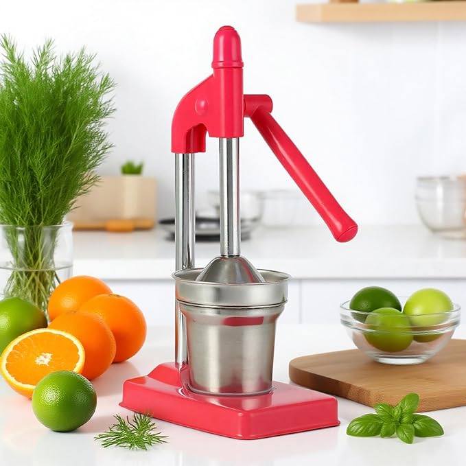 Stainless Steel Lemon Juicer, Heavy Duty Manual Orange Press Squeezer with Easy Clean Design, Handheld Citrus Juicer for Lime, Lemonade, Countertop Use (Red)
