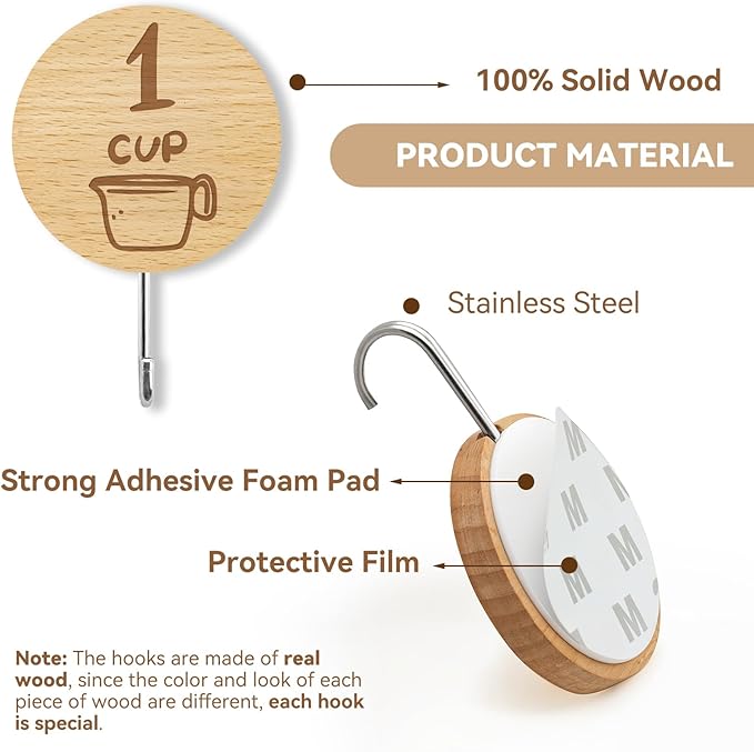 Measuring Cup and Spoon Organizer, 12 Pack Adhesive Wood Hooks for Hanging, Kitchen Hooks for Space Saving Storage