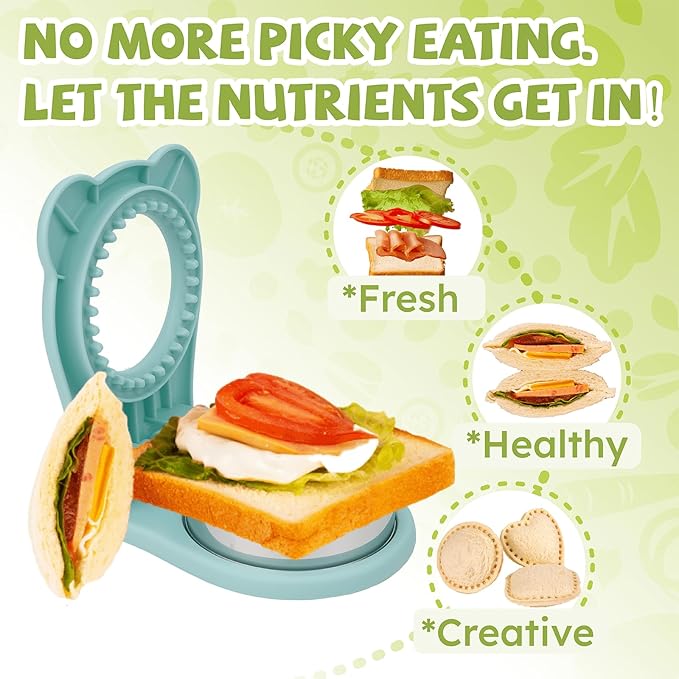 LEPCY Uncrustables Sandwich Maker Sealer Cutter, Crustless Sandwich Cutter, PB&J Uncrustable Maker - Green Square Shape + Blue Round Shape
