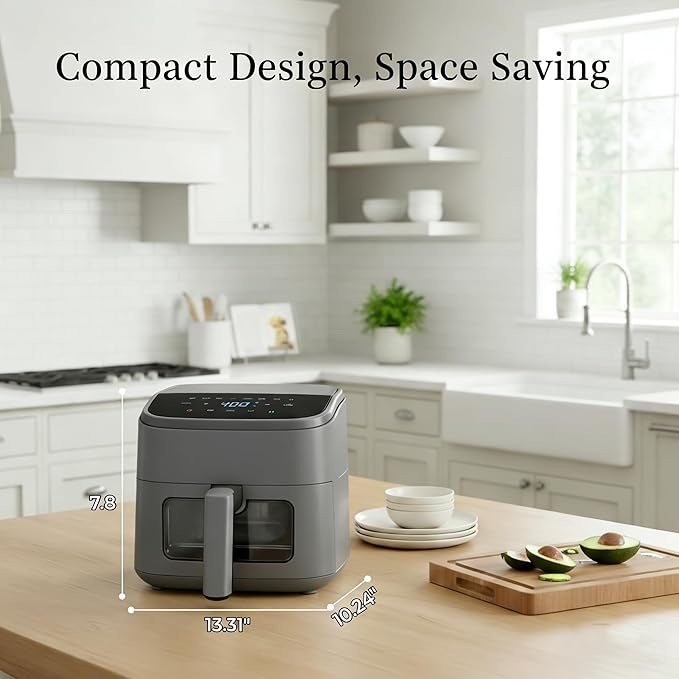 HealSmart 4 Qt Air Fryer with Visible Window, 8-in-1 Digital Airfryer with Interior Light, 1500W, Nonstick Dishwasher-Safe Basket for Fries, Bake, Wings, 60-Min Timer, Grey