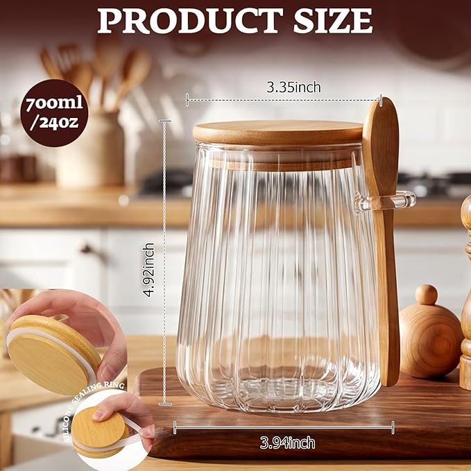 Glass Jar Sugar Container with Bamboo Spoons Lids 24 oz Large Sugar Container Glass Coffee Bowls Canister Coffee Bar Accessories with Labels Preprinted for Salts Tea Spice (12 Pcs)