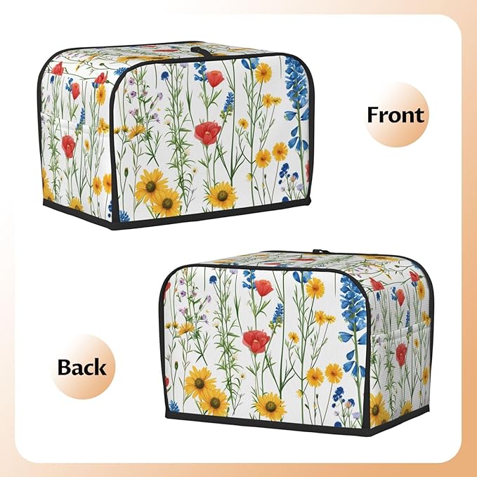 Summer Wildflower Toaster Cover 2 Slice, Cute Rural Bread Machine Cover, Washable Dust-Proof Cover for Kitchen Small Appliance Cover,with Top Handle