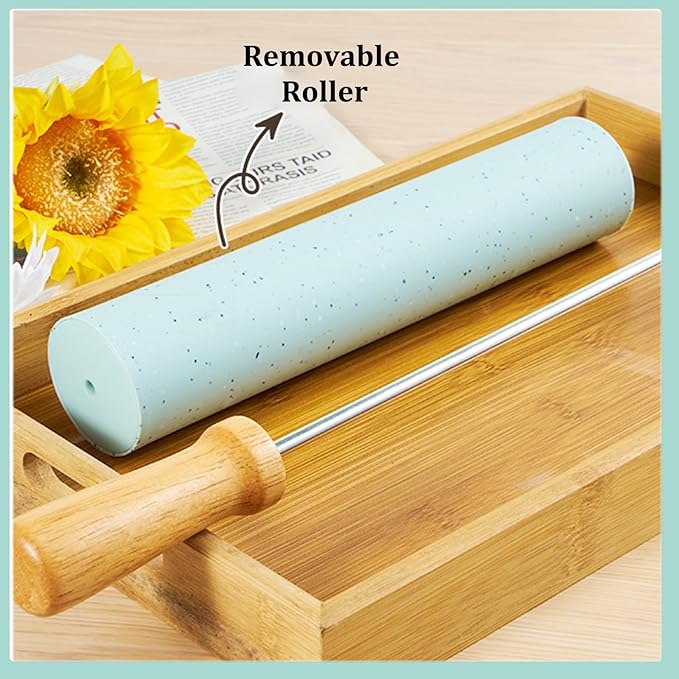 3Pcs Silicone Rolling Pin for Baking Sets,15Inch Pastry Dough Roller with Wooden Handle Silicone Mat and Brush, Non Stick Surface Rolling Pins for Dough Cookie Baking Kitchen Accessories(Green)