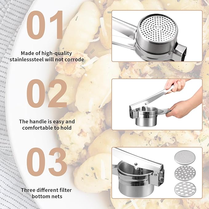 7 Pcs Potato Ricer & Gnocchi Board Kit with Dough Scraper, Ravioli Cutter, Empanada Press, Round Ravioli Mold, Ravioli Rolling Pin, Stainless Steel Ricer for Mashed Potatoes