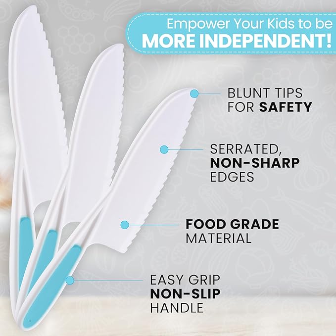 Zulay 3-Piece Kids Knife Set for Real Cooking & Baking - Toddler Knives for Cutting Fruits, Veggies, & Cake - Children’s Montessori Knife with Serrated Edges - Safe & Fun Lettuce Knife (Blue)