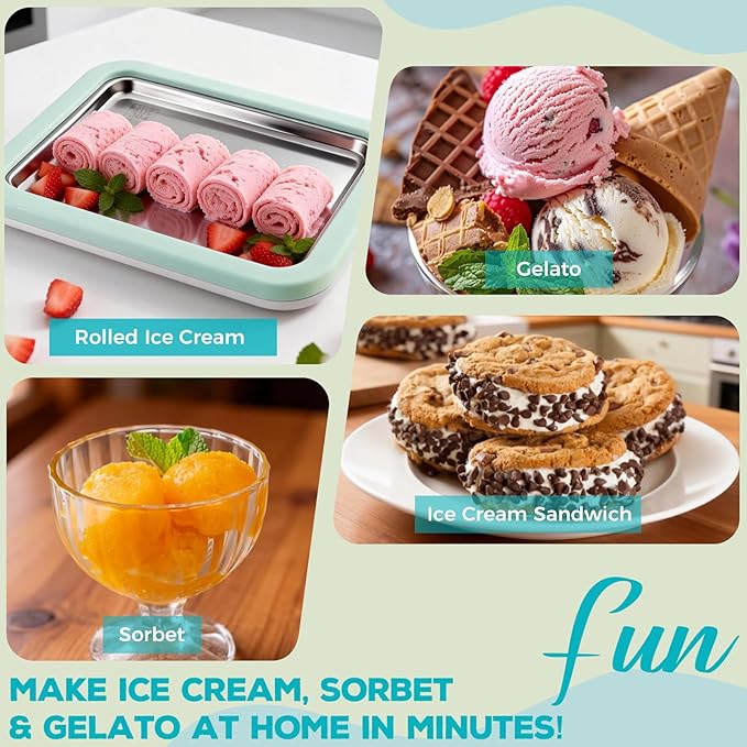Rolled Ice Cream Maker with Quick Start Guide - DIY Instant Ice Cream Tray Kit, Includes 2 Scrapers for Manual Homemade Ice Cream Rolls, Frozen Yogurt, Sorbets & Slushies, No Electricity Needed（green）