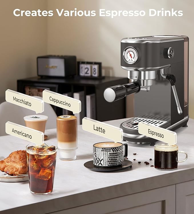 atatix 20 Bar Espresso Machine with Milk Frother, Compact Espresso Maker, Stainless Steel Coffee Machine with Precise Temp Control & 44oz Removable Water Tank for Latte, Cappuccino, Dark Grey