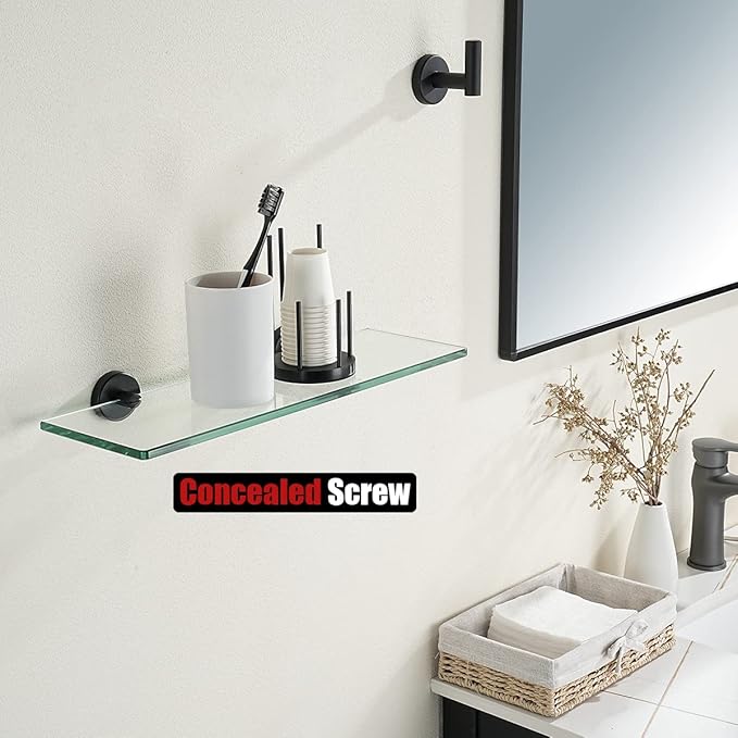 JQK Bathroom Glass Shelf Black, Tempered Glass Shower Storage 16 by 5 inches, 304 Stainless Steel Matte Black Wall Mount 2 Pack, TGS101L16-PB-P2