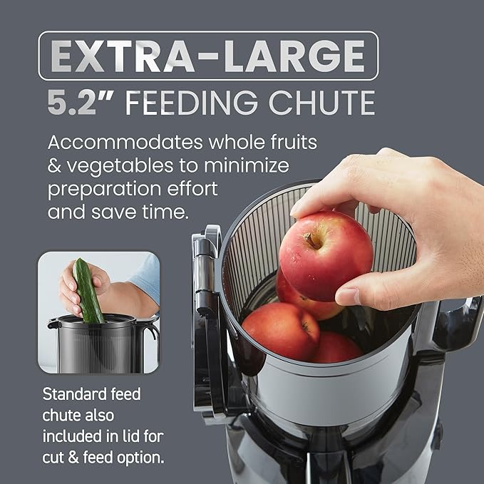 Elite Gourmet EJX320 Big Mouth Whole Fruit 5.2” Self-Feeding Chute, Cold Press Masticating Slow Juice Extractor, Hands-Free, Less Prep, Easy to Clean, Impact Resistant BPA Free Tritan, Black