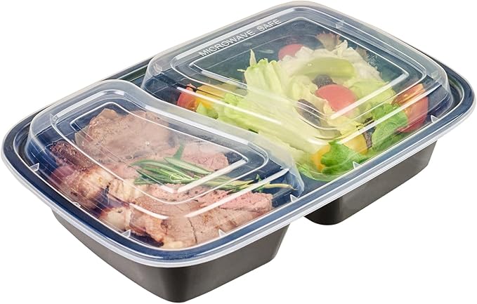 Asporto 32 Ounce Compartment Take Out Boxes, 50 Microwavable Meal Prep Containers - 2 Compartments, With Clear Plastic Lids, Black Plastic Food Containers, Do Not Contain BPA - Restaurantware