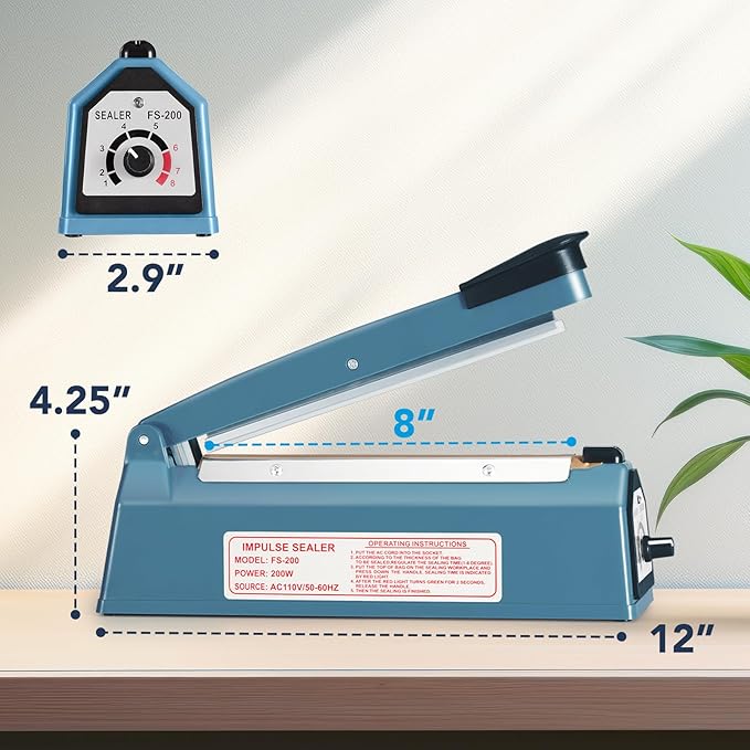 METRONIC Impulse Heat Sealer 8 Inch, Manual Bags Sealer Heat Sealing Machine Impulse, Sealer Machine for Plastic Bags PE PP Bags with Extra Replace Element Grip