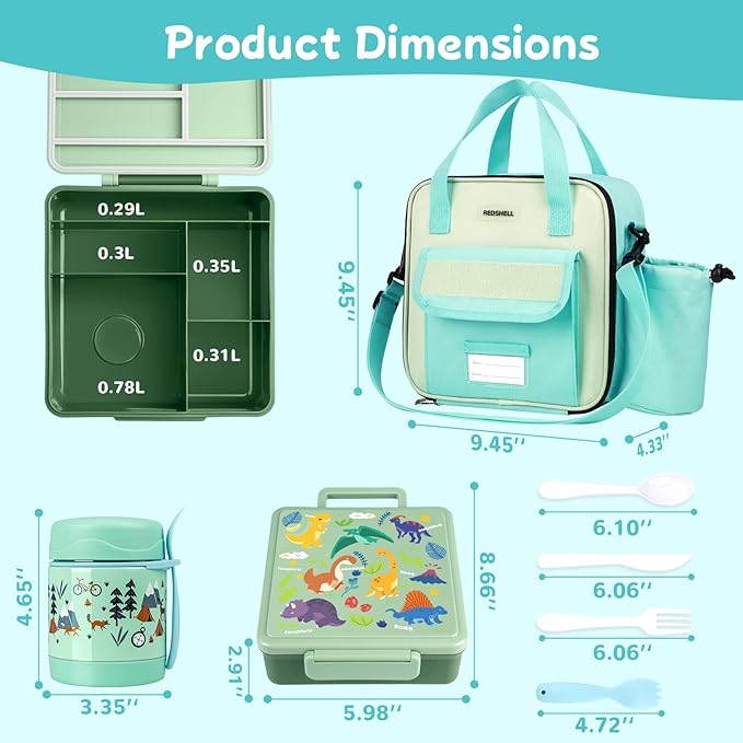 REDSHELL Bento Lunch Box for Kids Set, Leakproof Food Jar Pail with Insulated Bag, Toddler Snack Container Lunchbag for Girls Daycare, Back to School Lunchbox Kit, Includes Bottle Holder Strap, Green