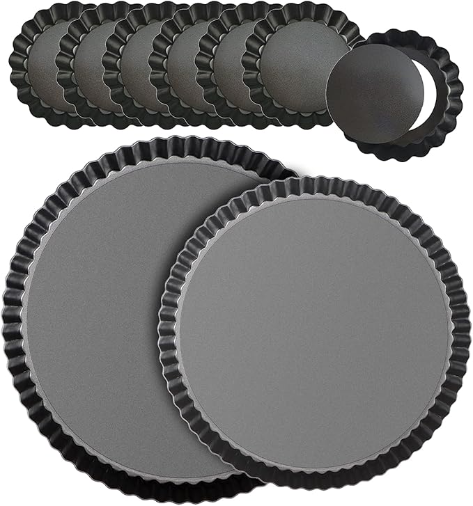 RICHSC-PAN Tart Pan Set, 11 & 9 Inch Tart Pans with 6Pcs 4 Inch Mini Pans. Removable Bottom, Non-Stick Coating, For Tart Quiche Pie Making. Suitable for Family Festivals and Gatherings.(8 Pack)