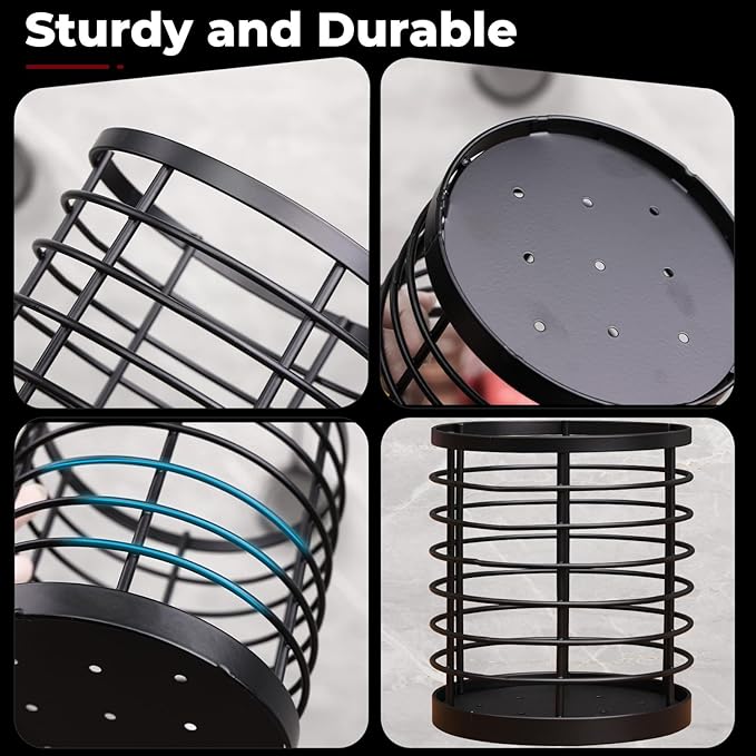 Utensil holder for Kitchen Counter - 5.2" x 5.2" x 6" Large Round Utensils Holder with Wooden Base Matte Black Cooking Utensil Holder，Kitchen countertop Utensil Organizer