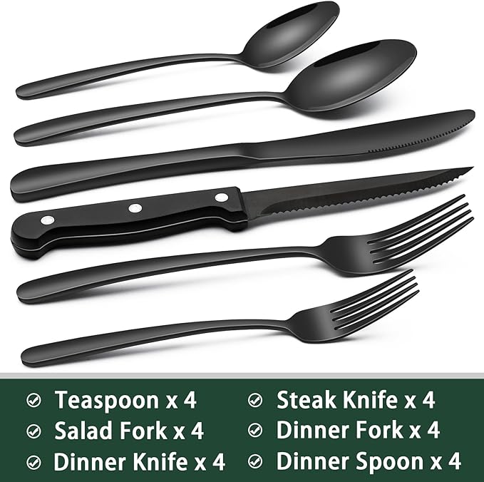 EWFEN 24-Piece Black Silverware Set with Steak Knives, Black Flatware Set for 4, Food-Grade Stainless Steel Tableware Cutlery Set, Mirror Finished Utensil Sets for Home Restaurant, Heavy Duty