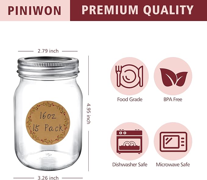 PINIWON Mason Jars 16 oz with Airtight Lids and Bands, 15 Pack Regular Mouth Canning Jars, Clear Glass Pint Jars for Canning, Pickling, Food Storage, DIY Projects, 24 Labels, Brush & String Included
