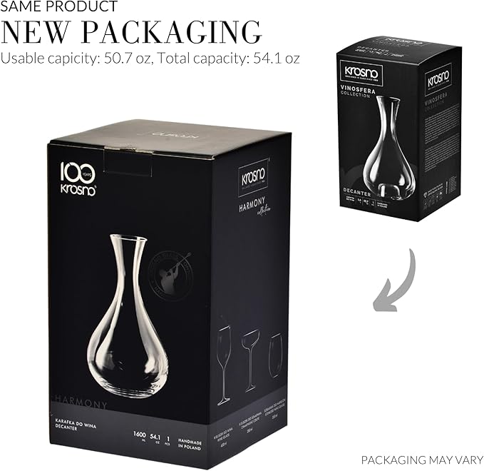 Krosno Elegant Wine Decanter, 54.1 oz, Harmony Collection, Accessory for Wine Lovers, Lead-free Crystal Glass Wine Decanters and Carafes, Red Wine Pitcher, Made in Europe