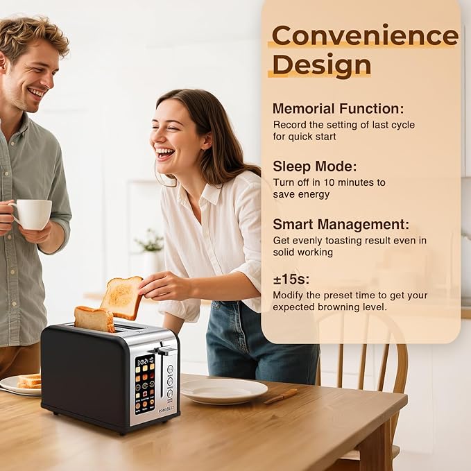 2 Slice Touch Screen Toaster Stainless Steel with Wide Slots, Even Toasting for Bagels & Bread, Defrost & Reheat, Easy Removable Crumb Tray, Matt Black