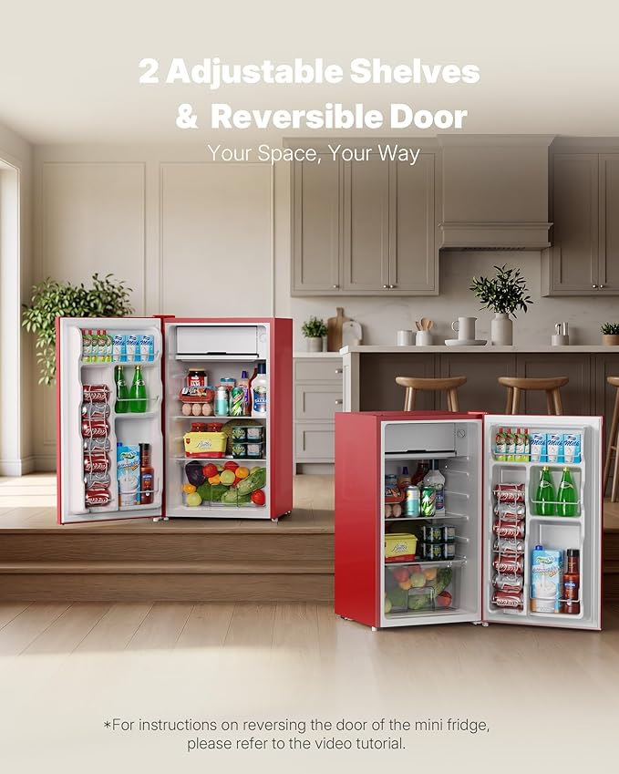 Upstreman 3.2 Cu.Ft Mini Fridge with Freezer, Single Door, Dorm Fridge, Adjustable Thermostat, Refrigerator for Dorm, Office, Bedroom, Red-BR321