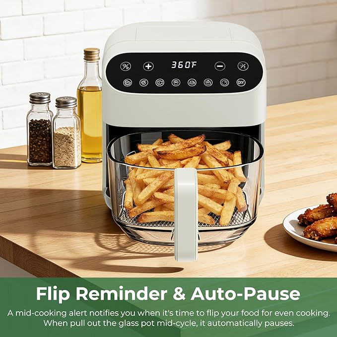5 Quart Glass Air Fryer, Non Toxic & Uncoated High Borosilicate Glass Basket, Airfryer with Transparent Fry Bowl, 8 Preset Modes, PTFE/PFAS Free, BPA-Free, Dishwasher Safe, White