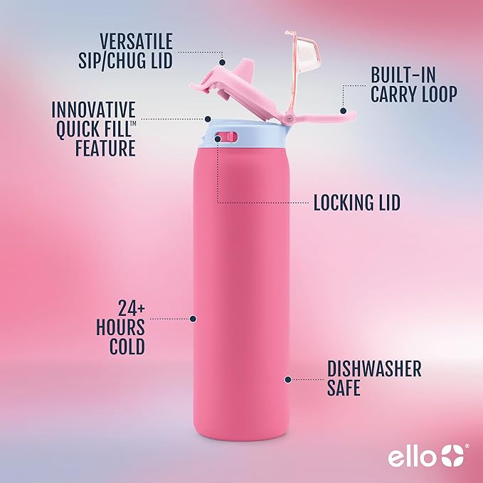 Ello Pop & Fill 22oz Stainless Steel Water Bottle with Quick Fill Technology, Double Walled and Vacuum Insulated Metal, Leak Proof Locking Lid, Sip and Chug, Reusable, BPA Free, Cherry Breeze