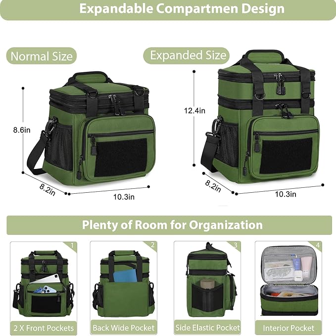 GLENKEY Tactical Lunch Box Cooler Bag - Expandable Insulated Lunch Bag for Men Women - Large Lunchbox for Adults Work Shifts Outdoor Trips Army Green 16L