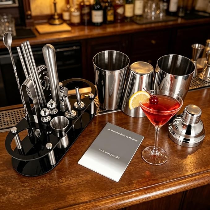 17Pcs Cocktail Shaker Set 750ml, 750/600ml Bartending Kit 25oz, 25/20oz Bar Shakers Tools Bartender Kit with Recipe Book Black Stand