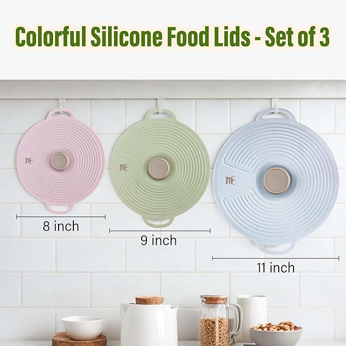 Silicone Lids for Bowl 3 Pack, Microwave Splatter Cover with 3 Sizes Reusable Heat Resistant Lids Fits Bowls, Plates, Pots, Pans, Skillets, Stove Top, Oven, Fridge Dishwasher Safe
