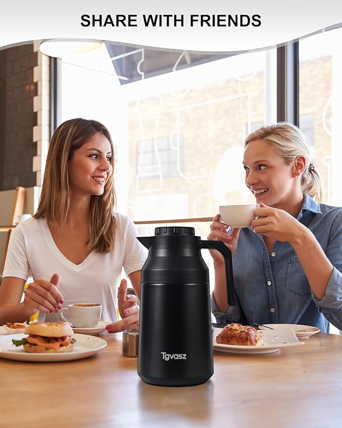 2 PCS Thermal Coffee Carafe Insulated Stainless Steel Coffee Carafe for Hot Liquid Vacuum Thermal Pot Creamer Pitcher Dispenser Keeping Hot Water Milk(Black/Black 68 oz)