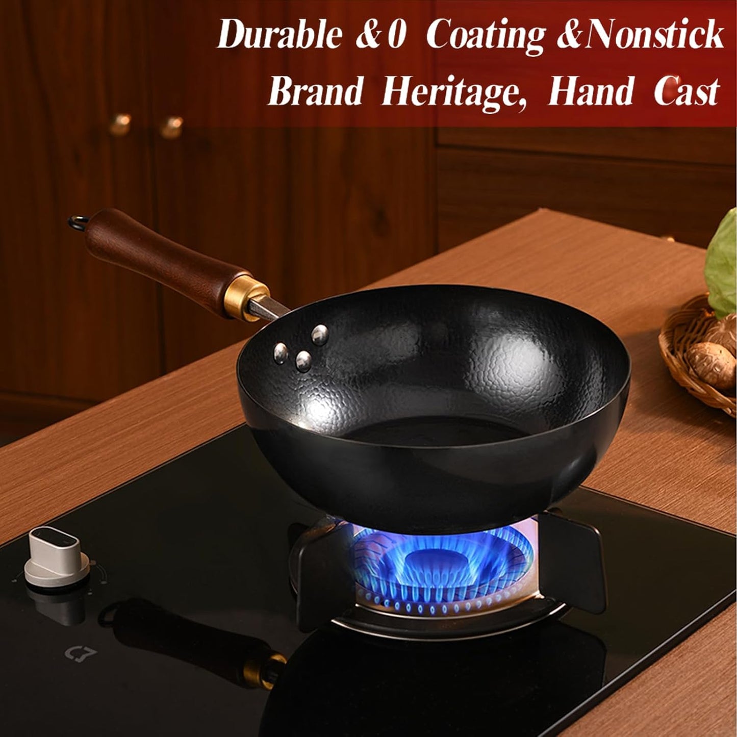 Carbon Steel Wok Pan, 10.2 “ Woks & Stir-Fry Pans with Wooden Lid Cookwares, Nonstick Wok, No Chemical Coated Flat Bottom Hand Hammered Chinese Wok For for Electric, Induction, for All Stoves