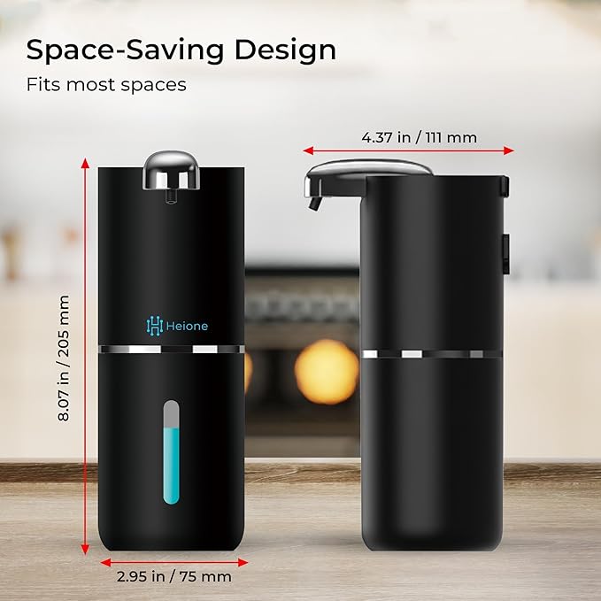 Automatic Touchless Foam Soap Dispenser (Black, 12.8oz) | USB-C Rechargeable, Infrared Sensor, IPX5 Waterproof for Bathroom, Sinks, Kitchen | Wall Mount or Countertop for Hand Soap