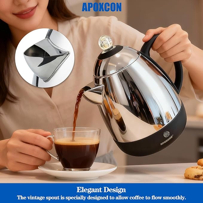 APOXCON Electric Coffee Percolator Stainless Steel Coffee Maker with Clear Brew Progress Knob & Cleaning Brush Auto Keep Warm Cordless Serving elegant design Coffee pot with On/OFF Switch (10 Cup)