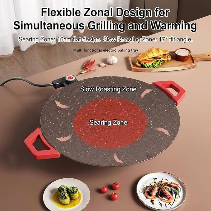 Non-Stick Electric Indoor Grill Pan, Smokeless Electric Griddle with Temperature Control, Round Baking Pan for BBQ, Steaks, Pancakes & Comal Electrico para Tortillas (36cm/14.2in)