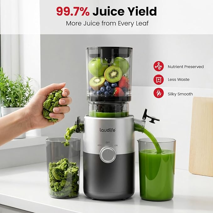 LAUDLIFE Cold Press Juicer Machines, 5.4" Wide Chute Slow Masticating Juicer, 35db Quiet Operation, Easy to Clean, Kale/Spinach Friendly, BPA Free, Juicer Extractor for Whole Fruits & Vegetables