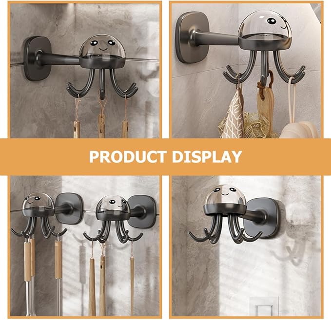 Cabilock Rotating Kitchen Utensil Holder with 6 Hooks Wall-Mounted Storage Rack, No-Drill Multi-Functional Utility Hook for Hanging Spoons, Spatulas, and Ladles, Matte Black Organizer