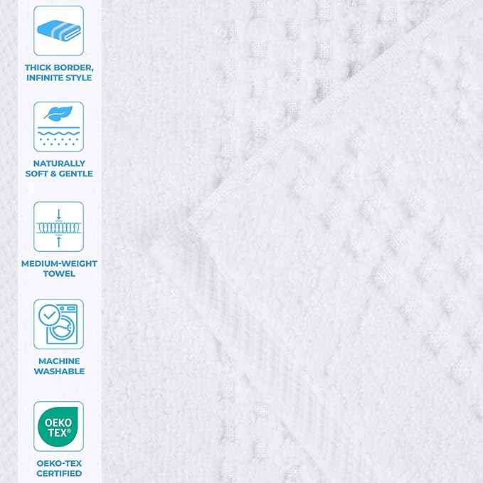 Superior Playa Zero Twist Cotton Medium Weight Small Towels, for Kitchen, Bathroom, Shower, Spa, Plush, Quick Dry, Ultra-Soft Essentials, Waffle Textured, Face Towels Washcloths, Set of 12, White