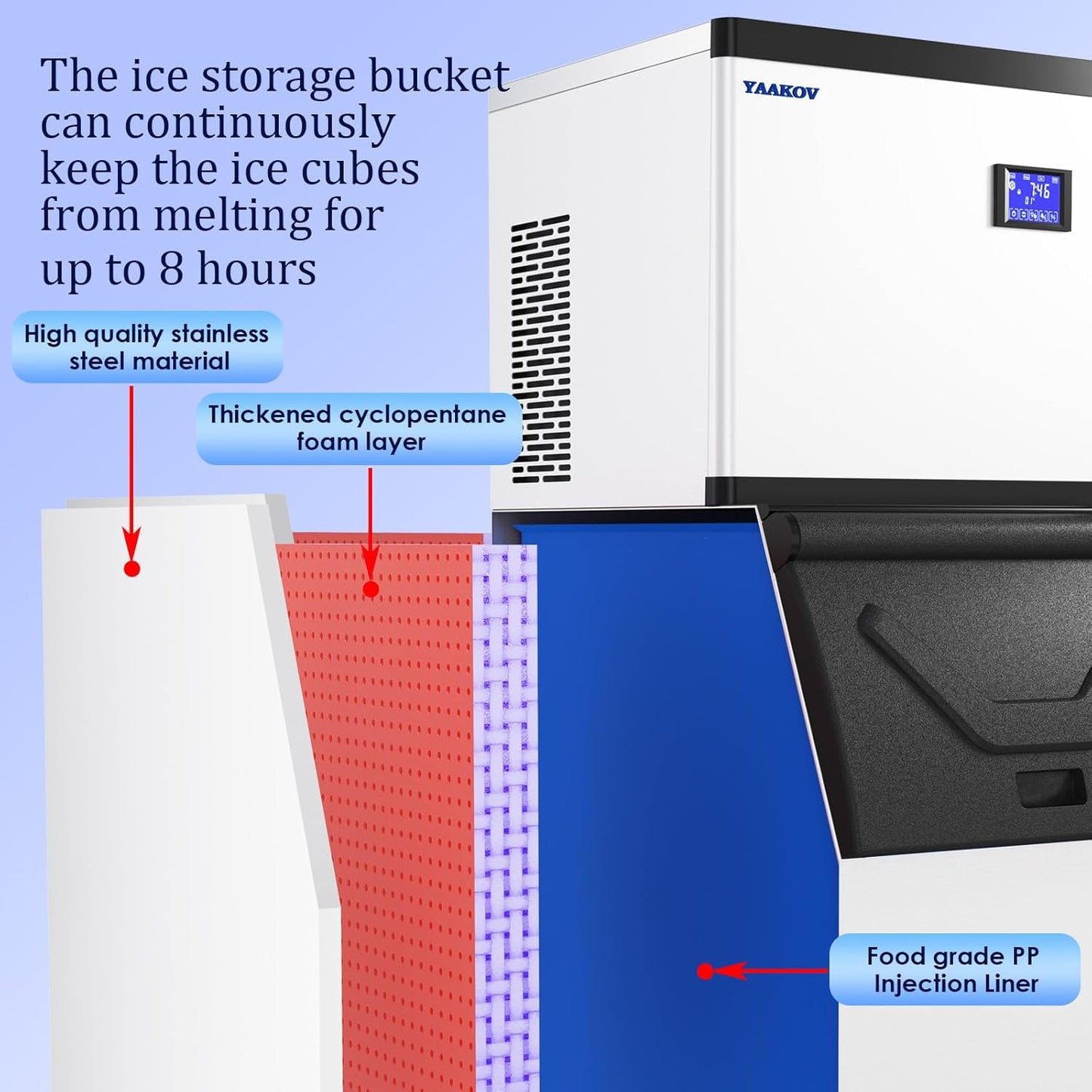 YAAKOV Commercial ice Machine Maker 650LBS/24H Commercial ice Maker Machine with 400LBS ice Maker Commercial Large Storage Bin,Ice Maker Machine Stainless Steel for Bar Cafe Restaurant Bussiness
