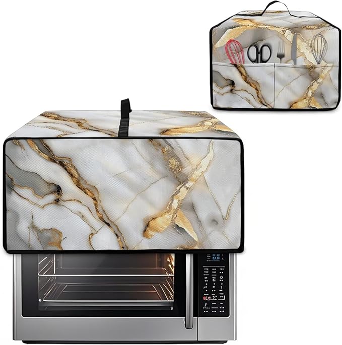 Toaster Oven Dust Cover with Storage Pockets, Protective Decorative Smart Oven Cover for for Kitchen Countertop, M, 16.5 x 20.5 x 10 inches, White Gold Gray Marble